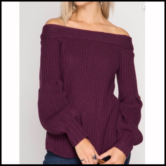 Lantern Sleeve Off-Shoulder Sweater - Picture 2 of 7